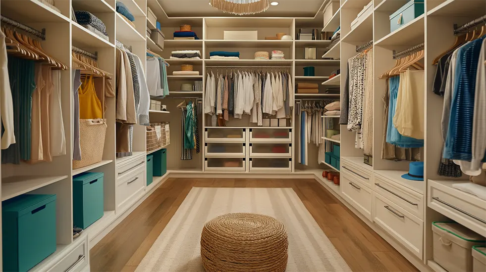 La stessa cabina armadio dopo il riordino, con abiti e contenitori in ordine
